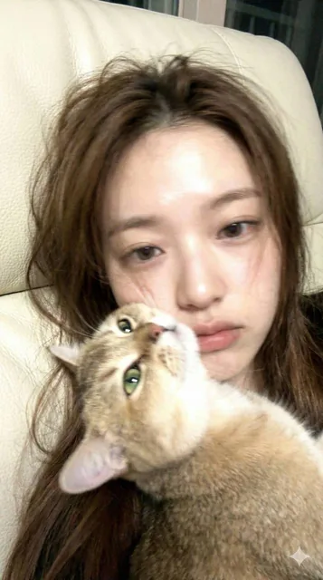 A low-resolution, naturally blurred selfie of a young woman lying on a cream sofa, intimately cuddling a light brown cat. Strong motion blur softens their faces and hair, with visible camera noise and an unedited, raw aesthetic.