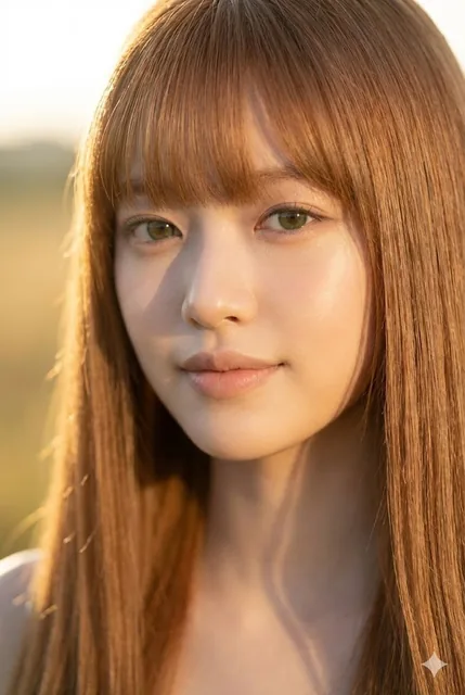 A cinematic close-up portrait of a young woman with long straight light brown hair and soft green eyes, bathed in warm golden hour sunlight with soft shadows on her face, featuring a subtle smile and a creamy bokeh background.