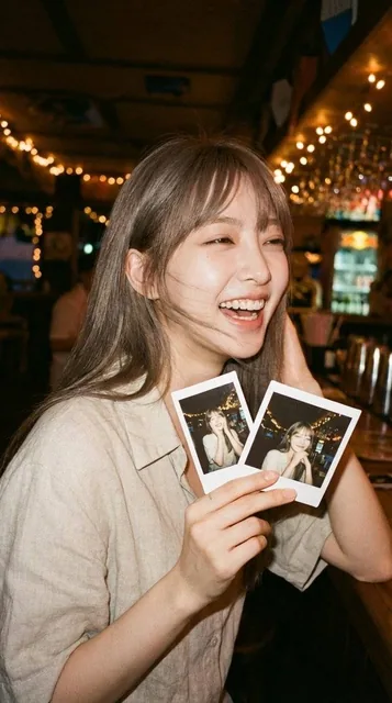 Ultra-photorealistic portrait of the uploaded woman laughing happily in a cozy vacation bar, holding two Polaroid photos of herself. Fujifilm color vibe.