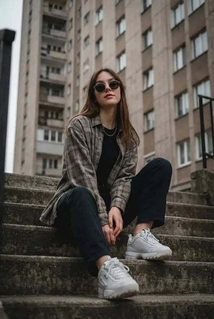 A young woman with long light brown hair sits casually on weathered concrete stairs in an urban setting. She wears an oversized grey and beige plaid flannel shirt over a black t-shirt, dark trousers, and chunky white sneakers. Her face shows a neutral, poised expression with red lips, and she wears