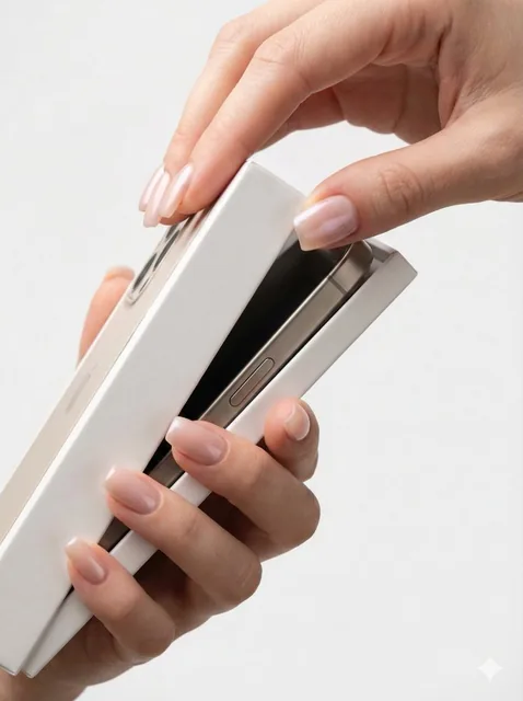Close-up photograph of a woman's elegant hand with fair, jade-like skin and sheer nude pink nails, naturally holding and showcasing a minimalist premium product. The image features soft sidelight emphasizing texture, a clean background, and extreme detail in 8K resolution.