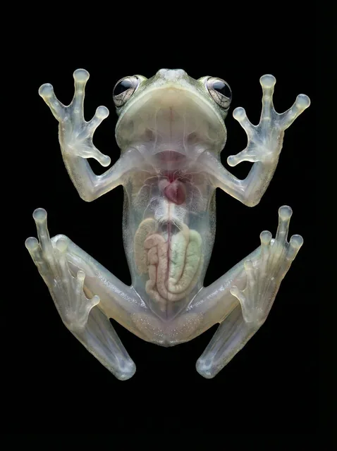 An ultra-photorealistic macro photograph of a glass tree frog viewed from directly underneath, as if standing on an invisible transparent surface. Its highly transparent, gelatinous skin reveals the clearly visible internal organs including heart, lungs, digestive system, and spine. The frog's limbs