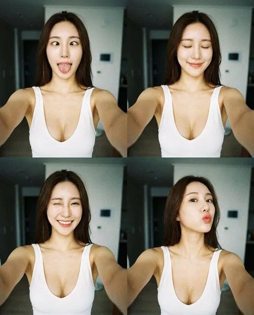 A 2x2 grid collage of a cute Japanese woman taking playful smartphone selfies in a white tank top, featuring silly poses like crossing her eyes and kissing the phone, with a casual, candid, low-fidelity aesthetic.