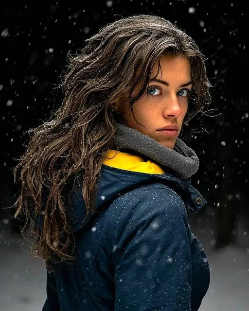 An ultra-realistic cinematic portrait of a young woman with piercing blue eyes and natural freckles in a snowy forest. She wears a dark winter jacket with a muted yellow inner layer and a gray scarf, with snowflakes gently falling and caught in her long brown hair. The image features a shallow depth