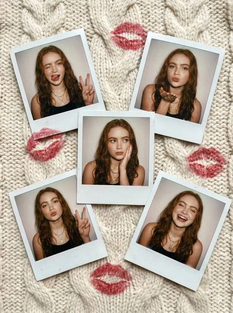 An overhead view of five vintage Polaroid instant photographs featuring the same young woman with tan skin and wavy brown hair, arranged on a textured cream knit blanket with red lipstick kiss marks. The photos show her in playful poses like winking, blowing a kiss, and laughing.