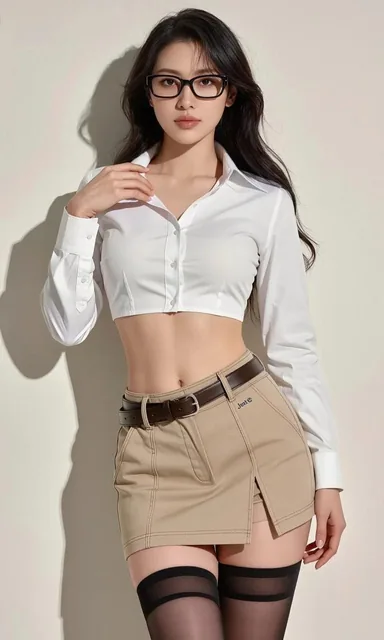 An ultra-realistic portrait of a confident young Asian woman with long black wavy hair and black rectangular glasses, wearing a white cropped button-up shirt, a beige high-waist mini skirt with a slit, and black sheer thigh-high stockings, posing in a minimalist beige studio setting with professiona