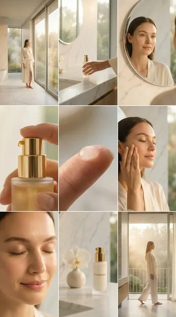 A serene collage of a woman in a white robe performing her morning skincare ritual in a luxurious modern bathroom with marble surfaces and large windows overlooking a misty garden, featuring close-ups of a skincare bottle and her applying serum.