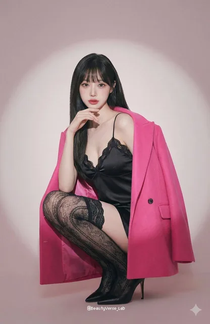 A model in an elegant crouching pose, wearing an oversized electric pink wool trench coat draped over her shoulders and a precise white satin bodysuit, against a minimalist light pink studio backdrop with dramatic spotlighting.
