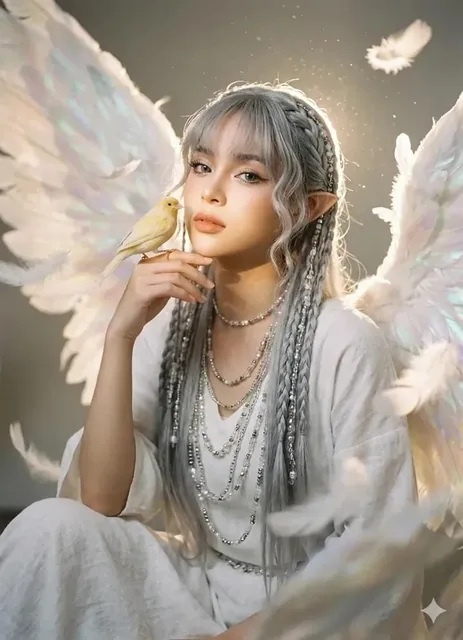 A serene figure with intricate silver braided hair and a contemplative gaze, seated amidst celestial wings. A canary perches on their finger as soft light illuminates their linen tunic and beaded necklaces, with a shallow depth of field creating a dreamlike atmosphere of floating feathers and golden
