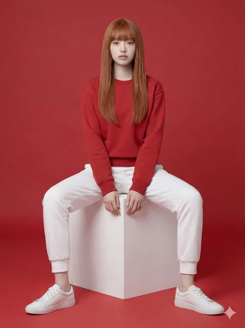 An ultra-realistic studio portrait of a man seated on a white cube, wearing a solid red sweatshirt and white joggers against a seamless red background, with soft, even lighting highlighting realistic skin and fabric textures.