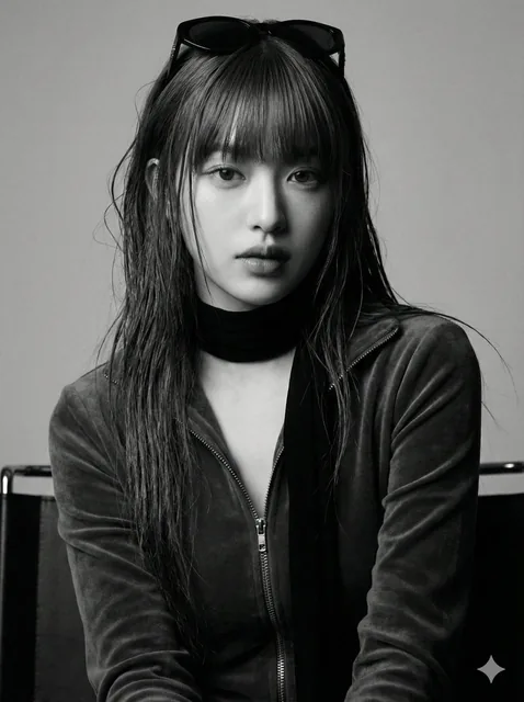 A high-contrast black and white cinematic portrait of Billie Eilish in a black leather jacket, with a wet-look hairstyle and a direct, intense gaze, styled for a luxury fashion magazine cover.