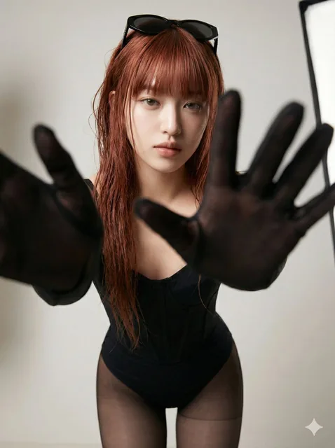 A high-fashion editorial portrait of a female model with long copper-red wavy hair and pale flawless skin, wearing a black corset-style bodysuit and semi-transparent black gloves, leaning slightly forward with one gloved hand reaching toward the camera, shot with soft directional studio lighting aga