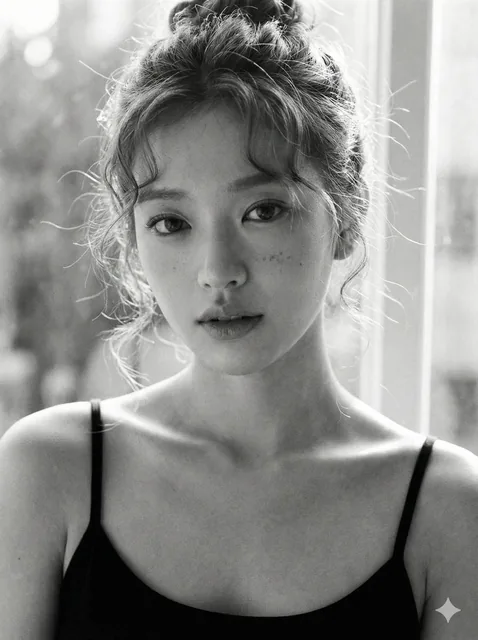 A close-up black and white portrait of a young Caucasian woman with textured blonde curly hair in a messy updo, visible freckles, and a soft, direct gaze. She wears a black spaghetti strap camisole, bathed in soft natural window light against sheer curtains.