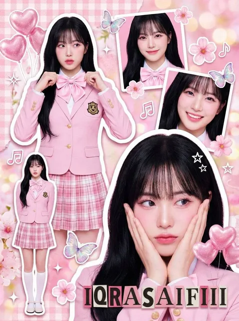 A vibrant collage featuring multiple photographic cutouts of a young Asian woman styled as a K-pop idol in a pink preppy school uniform, layered over a textured pink gingham and floral background with sticker outlines, sparkles, and ransom-note style text.