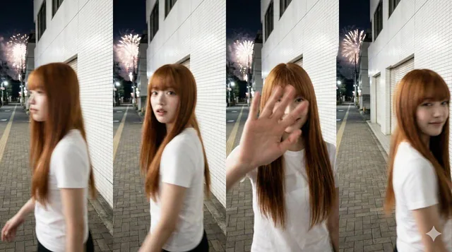 An ultra-realistic accidental smartphone photograph showing a 2x2 grid of four vertical frames. The scene is a nighttime Tokyo sidewalk during fireworks, featuring a fictional woman with motion-blurred, partially obscured facial details due to camera shake, flash overexposure, and autofocus failure.