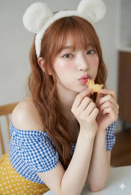 A charming girl with fair skin and rosy cheeks leans forward playfully, holding a small character-shaped cookie close to her glossy lips. She wears a fluffy white mouse-ear headband and a blue gingham off-shoulder top with a light yellow polka dot skirt, looking directly at the camera with large lig