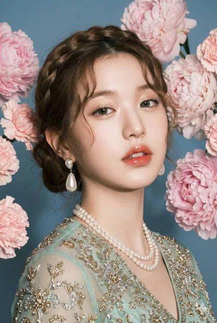 A close-up portrait of a young woman in 1950s high-society glamour, wearing an ornate mint-green organza dress with gold embroidery and pearl jewelry, against a floral background, shot with harsh flash lighting in Y2K digital camera style.