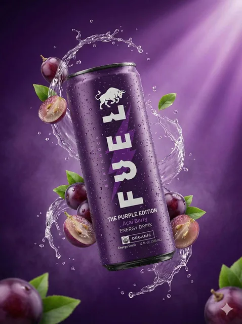 Hyper-realistic commercial product photography of slim aluminum energy drink cans in dynamic splash scenes with fruits and ice, captured with cinematic studio lighting.