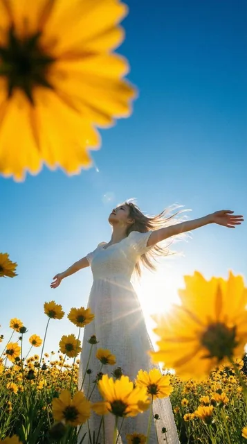 A young woman stands in a vibrant field of yellow coreopsis flowers with arms outstretched, looking up towards the sun with her hair blowing in the wind. The image features a low-angle worm's-eye view with blurred flower petals in the foreground and a brilliant sunburst creating lens flare and rim l