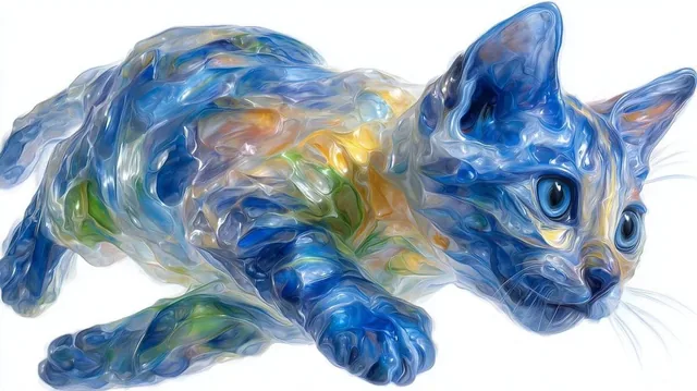 An abstract minimalist shape of a kitten playing, formed by colorful thick paint splashes on a clean white background. The artwork features aesthetically pleasing vivid and vibrant colors with liquid paint textures in a pristine composition.