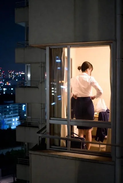 A cinematic night view from outside an apartment building, looking through a slightly open window with curtains parted. The telephoto lens perspective focuses on a woman inside the room, creating a sense of voyeuristic distance and atmospheric lighting.