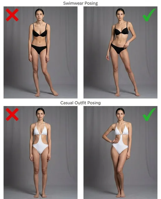 A 2x2 instructional grid comparing correct and incorrect posing techniques for a slim female model in black lingerie and a white mayokini, set against a neutral gray studio background with clear red X and green check marks for guidance.