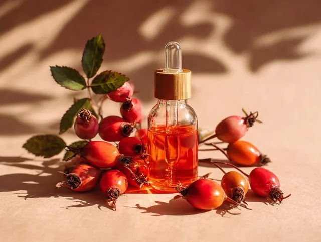 A beauty product is beautifully photographed surrounded by its raw natural ingredients like fresh flowers, fruits, herbs, and minerals, showcasing its organic origin story with bright, clean lighting and a transparent, fresh aesthetic.