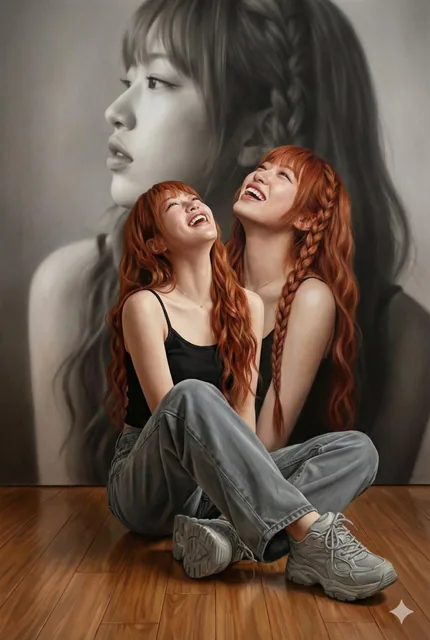 A hyperrealistic monochrome portrait of a woman sitting elegantly on the floor, wearing a modern black top and gray jeans, with long wavy hair partially braided, laughing and looking upward, against an artistic black and white background featuring a side profile of the same face.