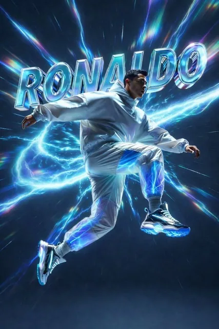 A hyper-realistic cinematic poster of a professional male football player in mid-air performing a powerful kick, wearing modern athleisure wear with glowing sneakers, surrounded by dramatic pastel smoke and neon energy trails, set against a minimal gradient background.