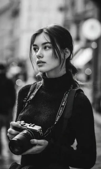 A cinematic black-and-white portrait of a young woman photographer standing on a city street, holding a mirrorless camera with both hands. She has soft makeup, expressive eyes, and dark hair, wearing a black turtleneck. The urban background features blurred pedestrians and soft bokeh lights.