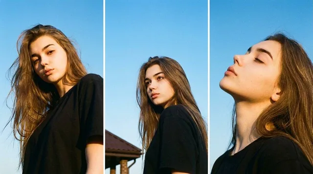 A serene triptych portrait of a woman with dark tousled hair against a clear blue sky, captured in three vertically stacked panels with a 35mm film aesthetic, preserving her exact identity and clothing from the reference image.