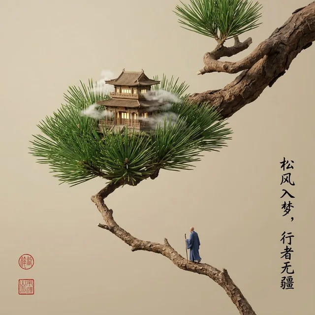 A surreal miniature landscape embedded within the folds of a large leaf, featuring traditional architecture and a lone traveler walking along a path, rendered with macro photography detail and soft lighting.