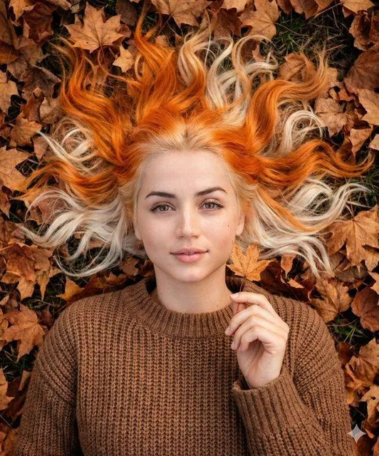A young woman with a very fair complexion lies peacefully on a ground covered with dry autumn leaves. She has long, wavy, messy hair split-dyed in vibrant pumpkin orange and platinum blonde, forming a halo around her head. She wears a brown chunky knit sweater and holds a small dried leaf near her f