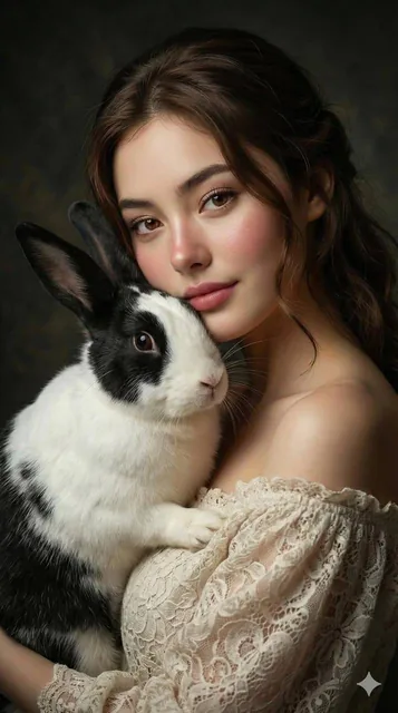 A photorealistic masterpiece in Renaissance style depicting a serene young woman in side profile, gently cuddling a large black and white Dutch rabbit against her cheek. She makes soft eye contact with a tender smile, wearing an off-white vintage lace dress, illuminated by soft chiaroscuro lighting
