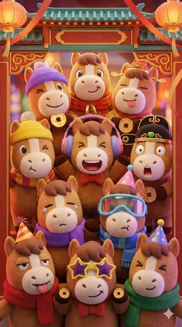 A vertical C4D render of a festive Chinese archway filled with a crowded stack of cute, anthropomorphic horse plush toys in Pop Mart blind box style. The toys have soft fuzzy fur textures and display a wide variety of funny expressions and unique accessories under warm, colorful lighting.
