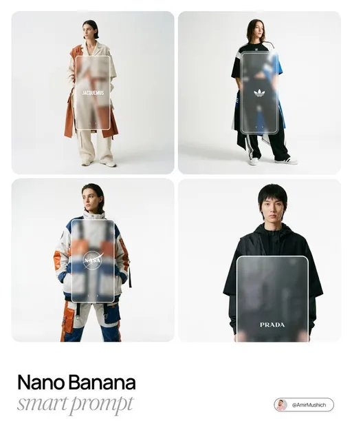 A fashion model in avant-garde streetwear stands in a white studio, with a frosted glass UI rectangle overlaid on their torso, containing a brand logo and small navigation arrows, shot in a high-end editorial style with soft lighting and film grain.