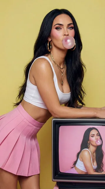 A photorealistic fashion editorial image of a confident woman with long dark hair, wearing a white crop top and pink pleated skirt, leaning on a retro CRT television and blowing a pink bubblegum bubble. The TV screen shows a mirrored image of her against a pink background, creating a dual reality co