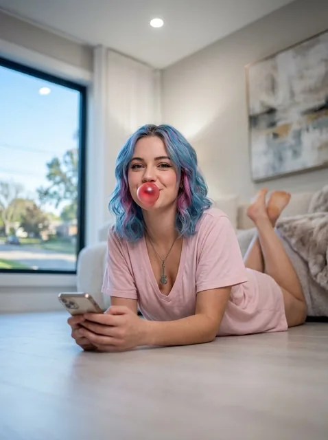 A photorealistic maximalist interior portrait of a beautiful young woman with blue and pink hair lying on a modern living room floor. She wears a pink short gown, holds an iPhone, and blows a large red bubblegum bubble. The image features strong depth of field with a bright, airy atmosphere.
