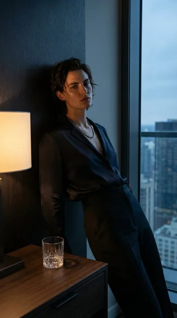 A hyper-realistic cinematic portrait of a confident individual with a strong, dominant presence, captured in a luxurious minimalist bedroom with dramatic low-key lighting and a bold, seductive outfit.