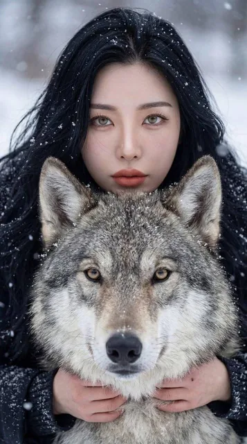 A breathtaking cinematic winter portrait of a young woman with long dark hair standing closely behind a majestic gray wolf in a snowy forest during gentle snowfall, both making intense eye contact with the camera, showcasing a deep primal bond between human and animal.