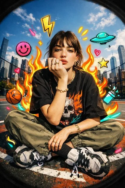 A photorealistic stylish young woman sits cross-legged on an outdoor basketball court, wearing streetwear with a flaming skull t-shirt and cargo pants. She is surrounded by a glowing aura of vibrant neon graffiti flames and floating cartoon symbols against an urban city skyline, captured with a fish