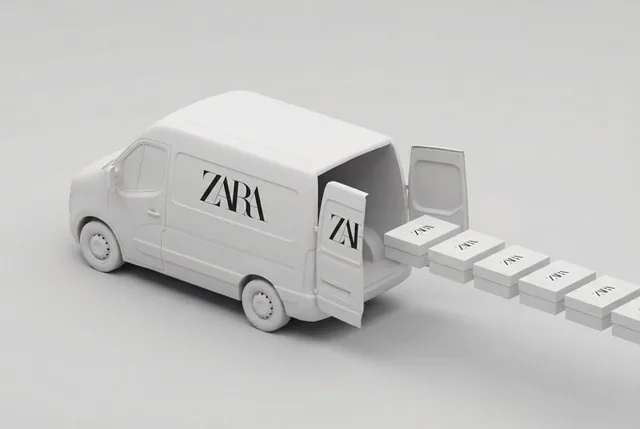 A minimalist monochrome 3D illustration of a small delivery van in a brand's primary color, with its rear door open and brand-related products floating in a straight row behind it, all set against a solid-color background.