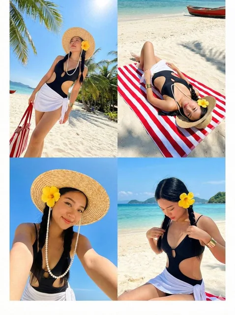A 2x2 photo collage of a young Asian woman with long black braids in a black monokini and white skirt on a sunny tropical beach with white sand and turquoise water, featuring four different poses including a low-angle full-body shot, a top-down lying pose, a selfie close-up, and a medium seated shot