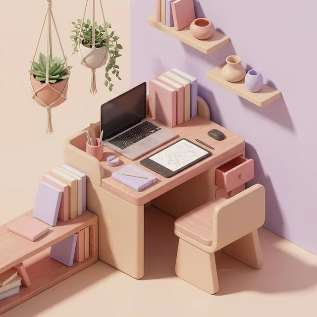 A 3D isometric illustration of a modern, minimalist workspace in soft pastel tones of lavender, beige, mint, and peach, featuring a desk with a laptop, plants, shelves, and a coffee cup, rendered with smooth surfaces, soft lighting, and a cozy aesthetic mood.
