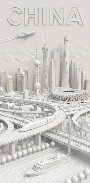 A detailed 3D bas-relief poster of a city, featuring iconic landmarks, transportation, and embossed English text, presented in a monochromatic clay render with paper texture.