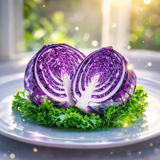 A hyper-realistic studio photograph featuring a single translucent purple onion with glass-like layers and two glass-like cucumbers on a white ceramic plate, showcasing high subsurface scattering, soft lighting, and impeccable detail on a seamless light gray background.