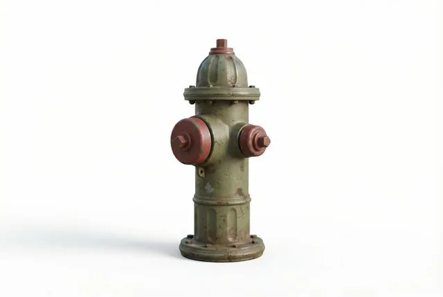 A photorealistic studio render of a desaturated olive-green metal fire hydrant with side valve caps and a top bonnet visible, featuring small accent details painted in muted red metal. The image showcases realistic cast metal surfaces with subtle wear, scratches, and chipped paint, set against a pur