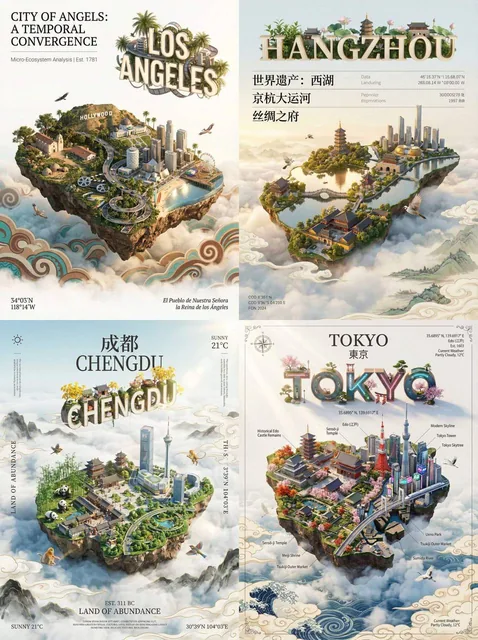 A digital art poster featuring a miniature island shaped like a specific city, floating above clouds. The island seamlessly blends ancient landmarks with modern skylines, surrounded by a living ecosystem and 3D text. The composition includes cinematic lighting, aerial perspective, and an elegant mus