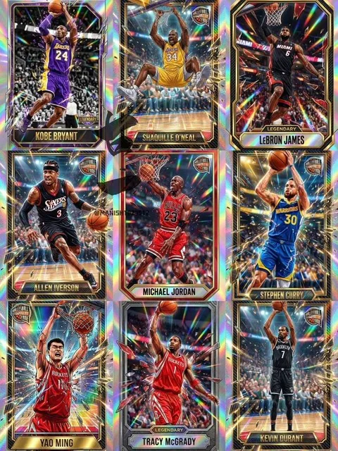 A hyper-realistic digital illustration of NBA legend Kobe Bryant in his iconic purple and gold Los Angeles Lakers jersey, captured mid-air during a powerful fadeaway jumper, breaking through the holographic card frame with explosive energy and motion particles.
