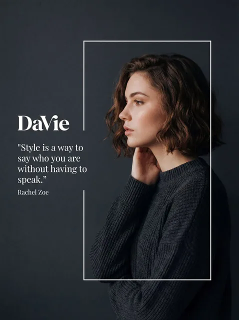 A high-quality fashion portrait combined with graphic design, featuring a young woman with short curly brown bob hair in profile, elegantly touching her neck, wearing a dark grey ribbed sweater. The composition is framed by a thin white rectangular border, with white typography on the left side agai